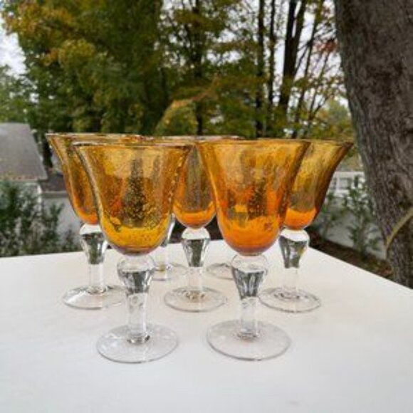 Amber Water Wine Globet Crackle Glass  8 Ounces Set of Seven - Picture 3 of 6